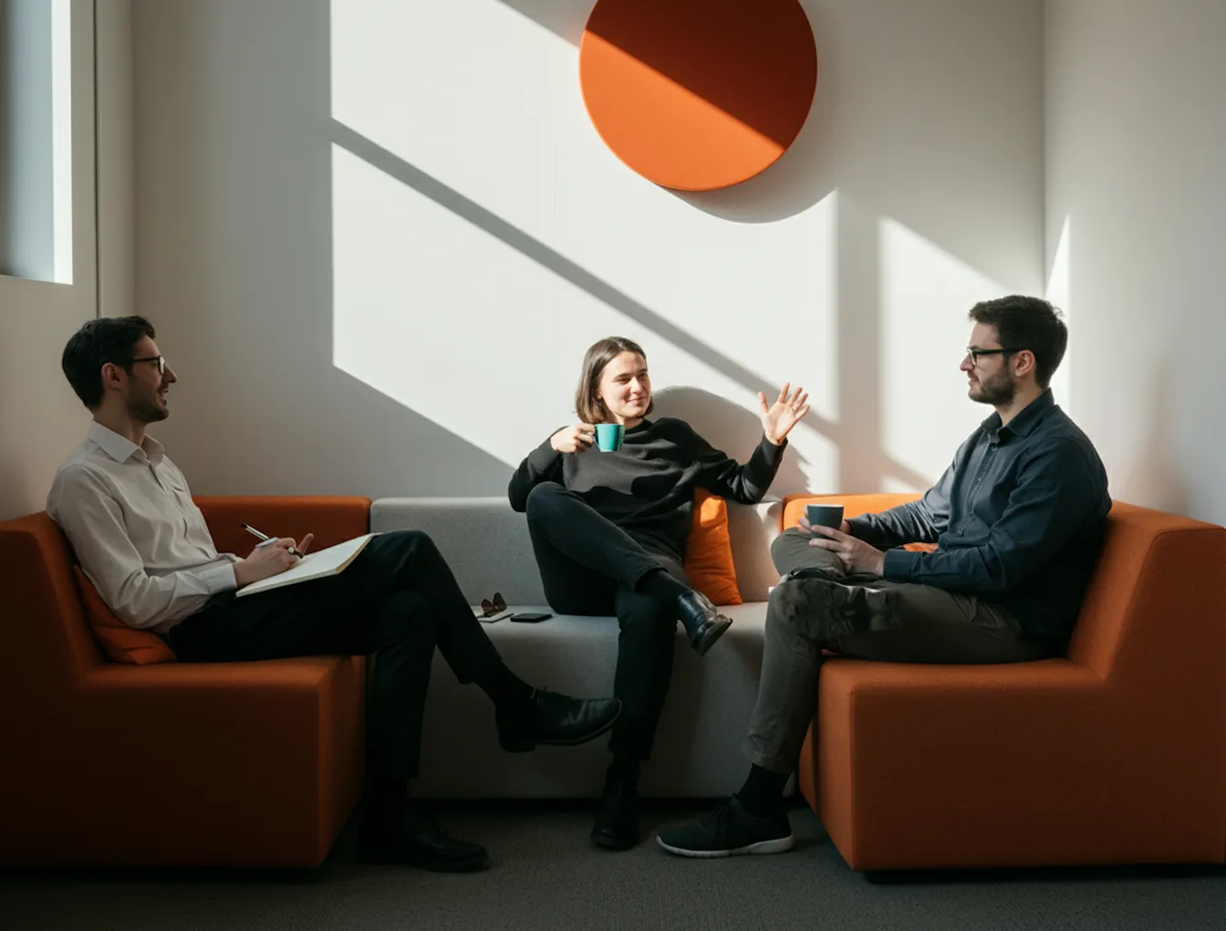 Group of people sitting in modern lounge chairs having a meeting.